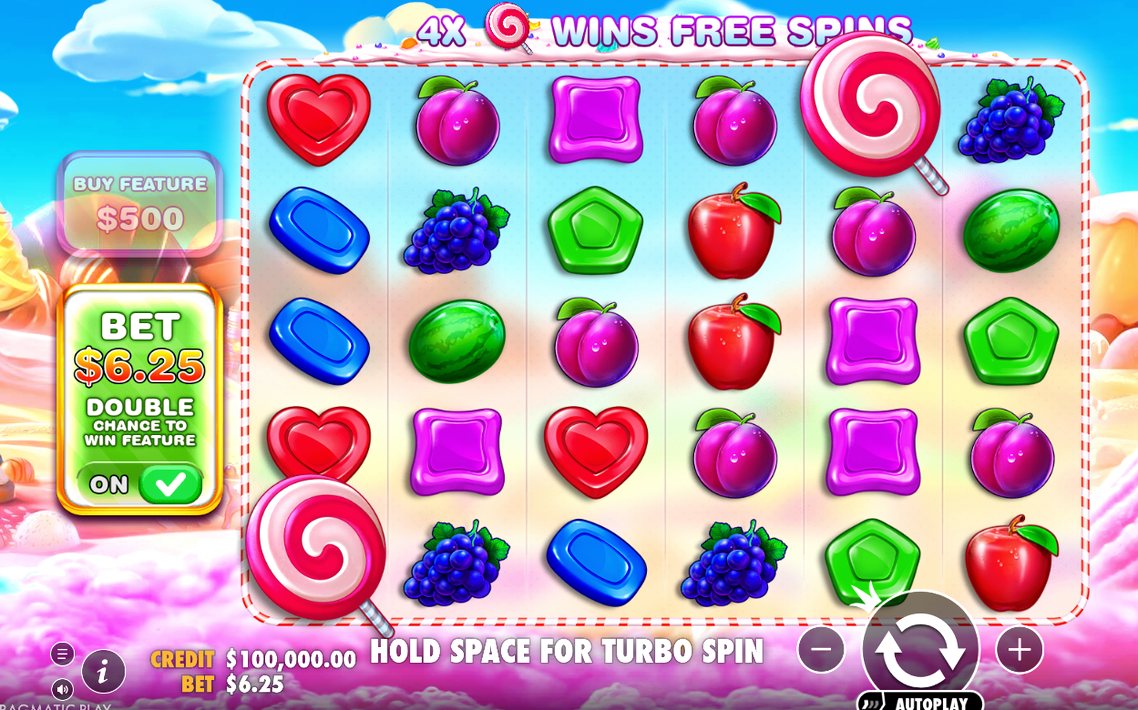 6x5-Raster im Basisspiel mit Früchten und Süßigkeiten